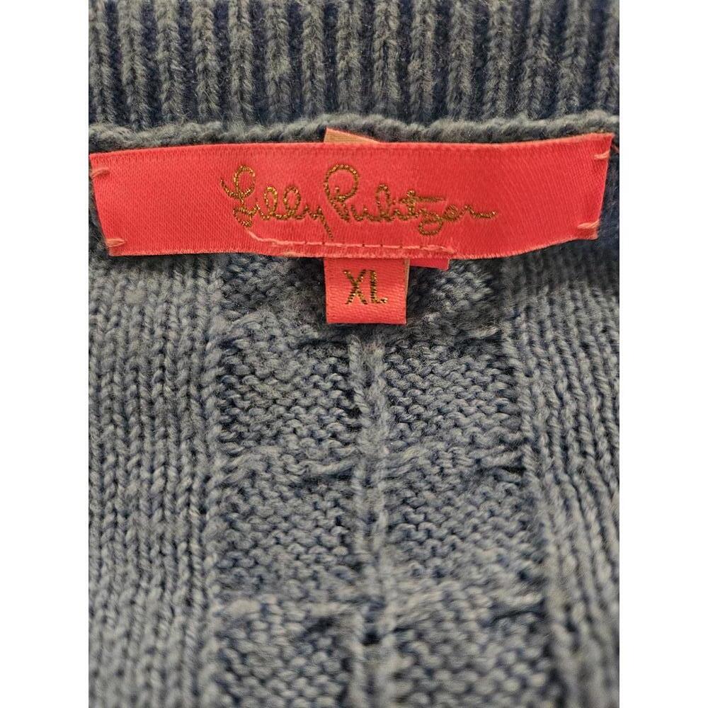 Lily Pulitzer XL Blue Greta V-Neck Pom Pom Cable Knit Sweater with Ruffle Detail - Picture 3 of 5